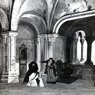第四幕，德布西的Pelleas et Melisande场景2，1902年4月在巴黎歌剧院合唱的第一部作品的照片，1902年6月剧院杂志的插图（l 作者 法语学校