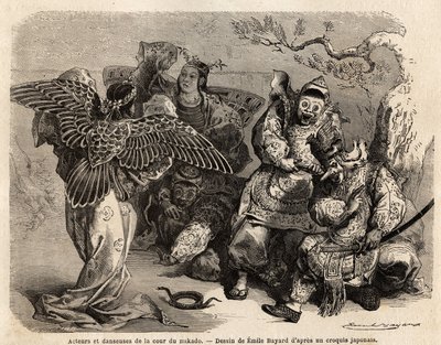 身着舞台服装的天皇宫廷演员和舞者。1863-1864 年，瑞士联邦部长艾梅-亨伯（Aime Humbert）为日本之行绘制的插图。 作者 法语学校