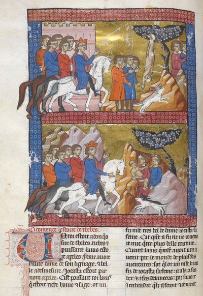 Add.15268，f.75v 《俄狄浦斯》，由科林斯国王波利巴斯发现，插图选自《Le Livre des ansienes estoires》，约 1285 年（牛皮纸） 作者 法语学校
