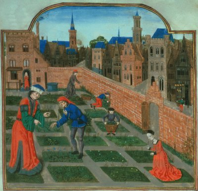 添加 19720 f.165 有围墙的城市花园，选自 Pietro de Crescenzi（1230-1320 年）的《Livre des Profits Ruraux》（牛皮纸）。 作者 法语学校
