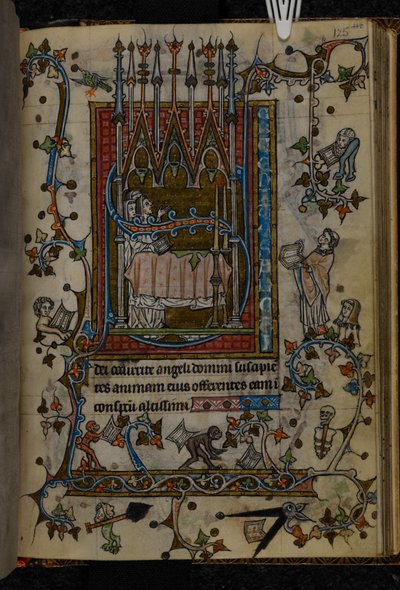 添加。36684， f.125 "三位僧侣在棺材前唱歌"，选自 "时间之书，圣奥马尔使用"，约 1320 年（牛皮纸）。 作者 法语学校