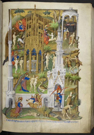 添加 Ms 18850 f.14r 创世和堕落场景，亚当和夏娃，以及他们的儿子该隐和亚伯，选自《小时之书》（《贝德福德小时》），约 1410-30 年（牛皮纸上的墨水、彩色和金色）。 作者 法语学校