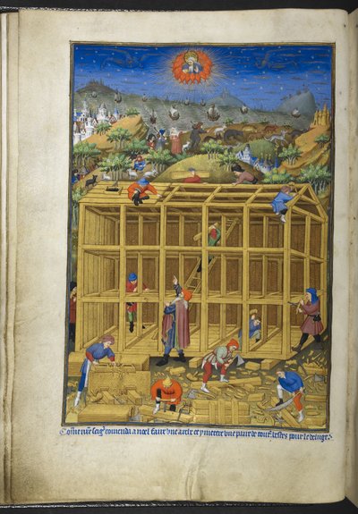 添加 Ms 18850 f.15v，《诺亚方舟的建造》，选自《时间之书》（《贝德福德时间》），约 1410-30 年（牛皮纸上的墨水、彩色和金色）。 作者 法语学校