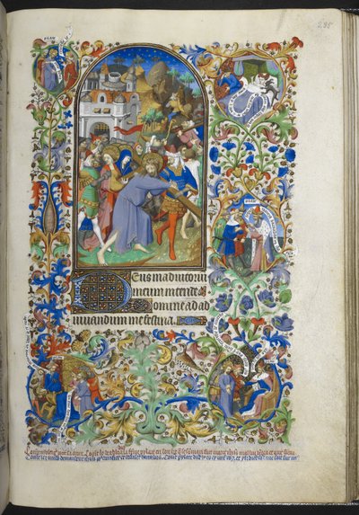 添加 Ms 18850 f.235r，《受难时刻》[之六]，基督背负十字架，选自《时刻之书》（《贝德福德时刻》），约 1410-30 年（牛皮纸上的墨水、彩色和金色）。 作者 法语学校