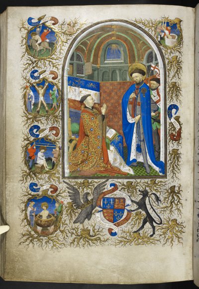 添加 Ms 18850 f.256v，圣乔治前的贝德福德公爵，选自《时间之书》（《贝德福德时间》），约 1410-30 年（牛皮纸上的墨水、彩色和金色） 作者 法语学校