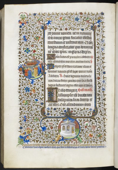 添加 Ms 18850 f.281v 《时间之书》（The Bedford Hours），约 1410-30 年（牛皮纸上的墨水、彩色和金色）。 作者 法语学校