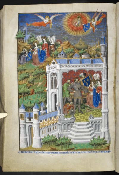 添加 Ms 18850 f.288v，《Legend of Fleurs de Lys》，选自《Book of Hours》（《The Bedford Hours》），约 1410-30 年（牛皮纸上的墨水、彩色和金色）。 作者 法语学校