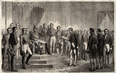 Address of the 221 - Liberal statesman Roy- Collard presents the Address du 221 - Pierre Paul Royer-Collard reading to French king Charles X the 221