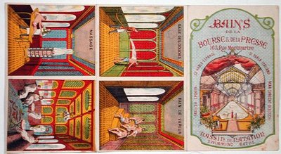 巴黎 "Bains de la Bourse et de la Presse "的广告（彩色雕刻）。 作者 法语学校