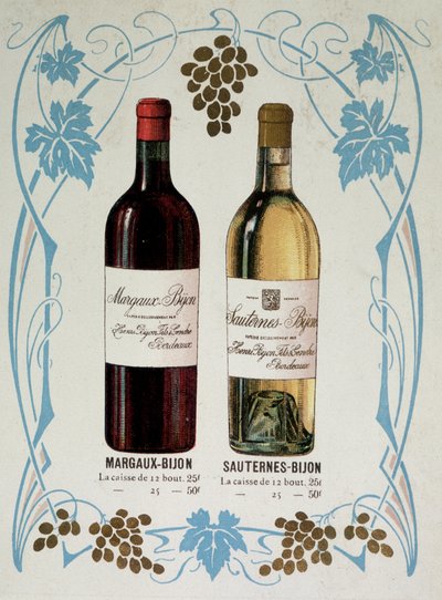 销售葡萄酒Margaux-Bijon（玛歌-比戎）和Sauternes-Bijon（苏玳-比戎）的广告，12瓶的25frs，25瓶的50frs 作者 法语学校