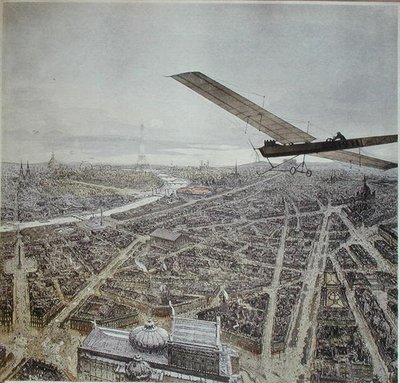 在巴黎上空飞行的飞机，1911年日历的插图（彩色平印）。 作者 法语学校