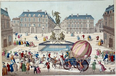航空气球：第二次尝试乘坐气球飞行。1783 年 12 月 2 日，查尔斯和罗伯特在巴黎乘坐氢气球旅行后的整个气球。18 世纪匿名印刷品。巴黎，装饰艺术 作者 法语学校