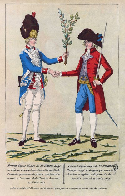 掷弹兵Sieur Harne和钟表匠Sieur Humbert的自然肖像。他们是 1789 年 7 月 14 日攻占巴士底狱时最先遭到攻击的人。1790 年的版画。 作者 法语学校