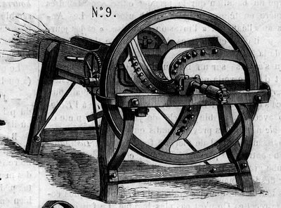 Agricultural machine: an English straw axe presented at the Paris agricultural competition in 1860. Engraving in “” Le Monde Illustré”” n°169 of 7 July 1860. 作者 法语学校
