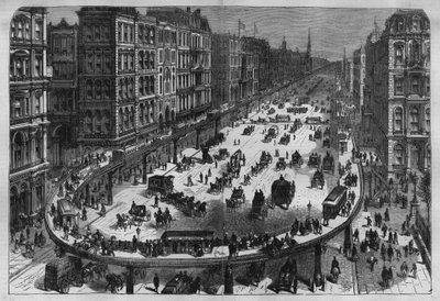 美国一个城市的航空铁路。1880年的版画，由 "La republique illustrstree "私人收藏。 作者 法语学校