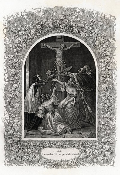 Alexander VII (Alexander or Alessandro) (Pope 1655 to 1667) at the foot of Christ. Engraving to illustrate Histoire des popes by Maurice Lachatre (1814-1900), librairie du progres, Paris. 作者 法语学校