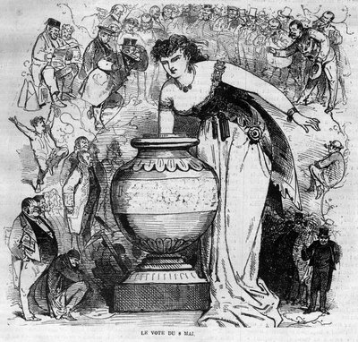 1870年5月8日公民投票的寓意，这是第二帝国时期组织的最后一次公民投票。1870年的雕版画 作者 法语学校