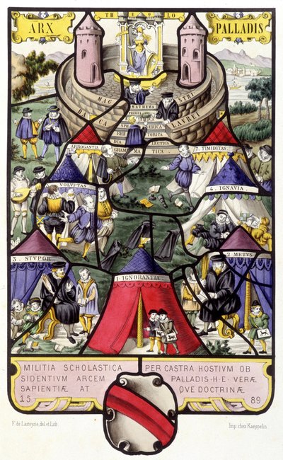 大学的寓言。 费迪南德·德·拉斯泰里 (Ferdinand de Lasteyrie) 的“玻璃绘画史”中中世纪的 Fac simile d