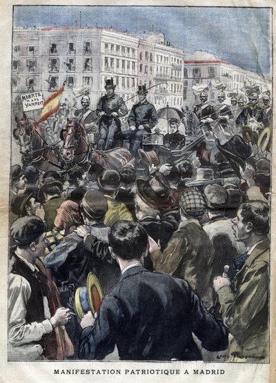 美国伊斯帕诺战争（或1898年的灾难）--1898年在马德里举行的爱国主义示威，西班牙玛丽-克里斯蒂娜女王（1858-1929）在场--1898年 "小吉伦特 "上的雕刻。 作者 法语学校