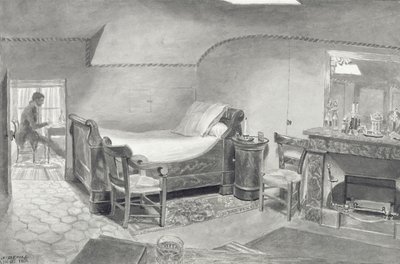 巴黎艺术家的阁楼内部，1830年（笔和棕褐色墨水和纸张上的棕褐色） 作者 法语学校
