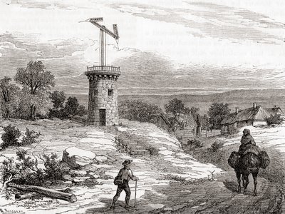 An aerial telegraph post in the 18th century, from Les Merveilles de la Science, published c.1870 (engraving) 作者 法语学校