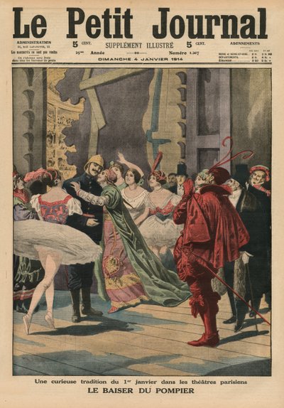 1月1日在巴黎剧院的奇怪传统，“消防员之吻”，来自&39;Le Petit Journal&39;的封面插图，补充说明，1914年1月4日 作者 French School