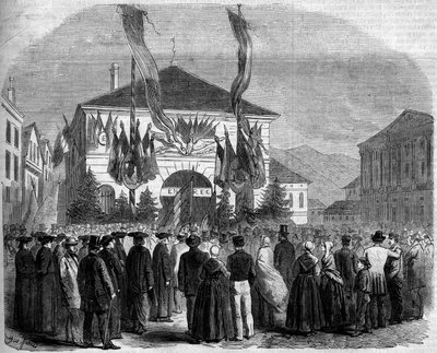 Annexation of Savoie to France, Chambery, 22 April 1860: vote of the population on the attachment of Savoie to France. Engraving in “” Le Monde Illustré”” n°160 of 5 May 1860. 作者 法语学校