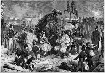 1860年5月，英国伦敦街头的小烟囱年度盛典。在庆祝春天到来的舞蹈中，一个孩子和观众一起跳起了奎特舞；1860年5月12日《世界画报》第160期上的版画。 作者 法语学校