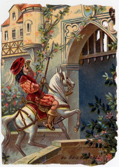 法国作家查尔斯·佩罗（Charles Perrault，1628-1703 年）的故事“La belle au bois dorant”的匿名插图：“一百年后，王子到达了城堡的大门……”彩色版画。 作者 法语学校