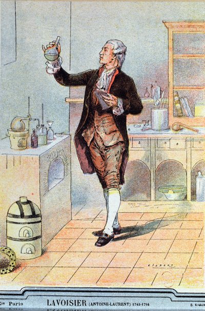 从学校课本的Antoine Laurent de Lavoisier（1743-94）例证，c.1900 作者 法语学校