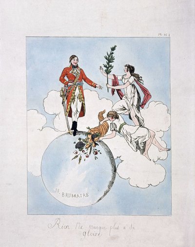 拿破仑-波拿巴在18brumaire年第八次政变期间（1799年11月9日）的神化。(仙女们向他赠送月桂和丰饶的角) 作者 法语学校