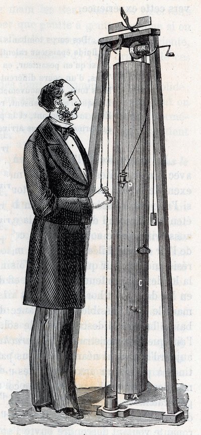 阿瑟-儒勒-莫兰（1795-1880）的仪器，用于研究物体的坠落 - Alexis Clerc的 "科学带给所有人的恩惠--大众物理学和化学 "中的版画 - 19世纪末 - 私人收藏 作者 法语学校