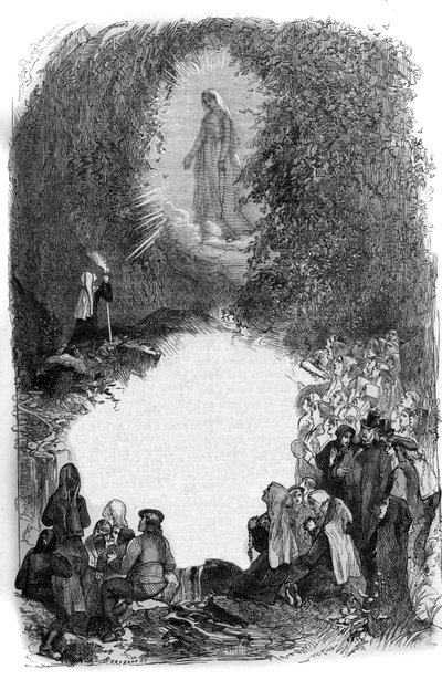 圣母玛利亚在上比利牛斯省卢尔德山洞中向伯纳黛特-苏比鲁（1844-1879）显现（65）。 作者 法语学校