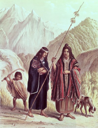 Araucanian印第安人，来自&39;Historia de Chile&39;的插图来自Claudio Gay，由F. Lehnert雕刻 作者 法语学校