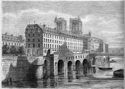 建筑：位于巴黎Ile de la Cite的Dieu酒店的外景，在其拆除之前。1859年从Quai de la Tournelle拍摄的景色。1859年11月19日《世界画报》第136期的版画。 作者 法语学校