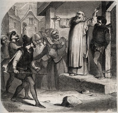 Arnaud du Tilh (Thil)因篡夺Martin Guerre的身份而被绑在绞架上，并在被处决前受到人群的侮辱（约1524年约1560年）。亨利-德-科克（Henry de Kock）于1871年在 "Histoire Des Cocuses Celebres "中的版画（181页）。 作者 法语学校