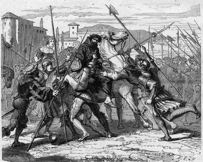 卢多维克-玛丽-斯福尔扎（Ludovic Marie Sforza dit le More）（1452-1508）于1500年在米兰被捕，他被瑞士雇佣兵出卖，落入法国军队手中。雕刻在 "Histoire De France En Cent Paintings by Paul Lehugeur "中。 作者 法语学校