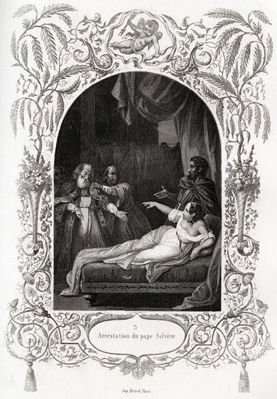 逮捕教皇 Silvere (Silverio)（教皇从 536 年到 537 年）。 Maurice Lachatre（1814-1900 年）为说明教皇历史而雕刻，巴黎进步图书馆。 作者 法语学校