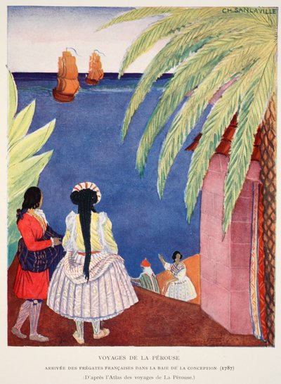 抵达意大利湾的法国护卫舰，Perouse的航行，M. Charles Sanlaville的复制品（fl.1920-30），加布里埃尔·哈诺托（1815-194）来自法国国家历史的插图 作者 法语学校