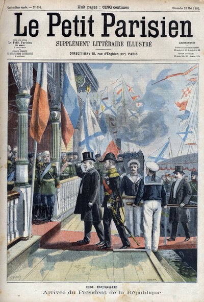 法兰西共和国总统埃米尔-卢贝（1838-1929）抵达俄罗斯，载于 "小巴黎人"。 作者 法语学校