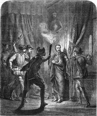 1572年圣巴特勒米大屠杀期间刺杀海军上将德-卡里尼的事件。载于《法国人民史》，约1885年。雕版画。 作者 法语学校