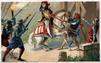 1358年7月，富有的绘图员和普雷沃特商人艾蒂安-马塞尔（1316-1358）被保皇党领导人之一的埃切文-让-马亚尔刺杀。19世纪末的彩色石版画。 作者 法语学校