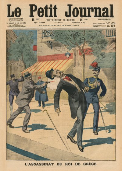 刺杀希腊国王乔治一世，封面插图来自《小报》，增刊插图，1913年3月30日（彩色平印）。 作者 法语学校