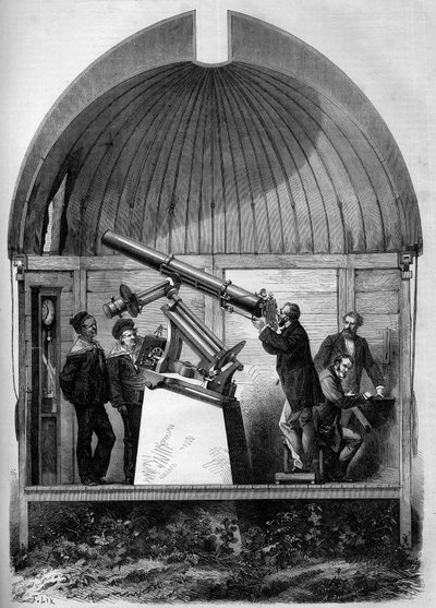 天文学。法国天文表圈被运到横滨（日本），观察金星经过太阳的情况。1874年8月8日《世界画报》第904期上的雕刻。 作者 法语学校