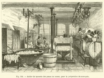 Atelier de tannerie des peaux au sumac, pour la preparation du maroquin (engraving) 作者 法语学校