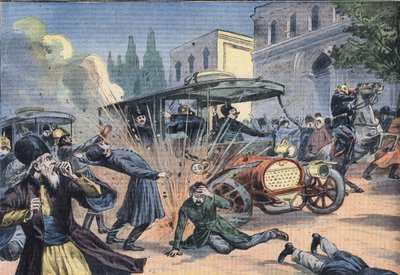 攻击波斯国王穆罕默德-阿里-沙-卡贾尔（1872-1925）。来自报纸 "小巴黎人 "的雕版画 作者 法语学校