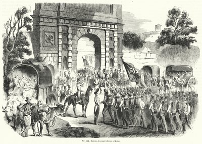 奥地利军队进入意大利米兰，1848年8月6日（雕版印刷）。 作者 法语学校