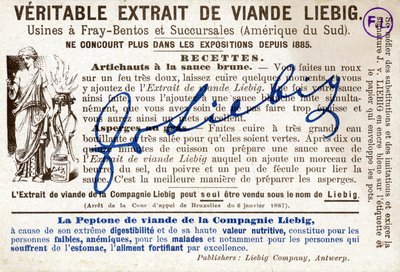 Back of Liebig card) with the recipe of artichokes with brown sauce. Advertising chromolithography 作者 法语学校
