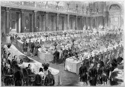 Banquet organized on 14 August 1859 by Napoleon III in the State Hall of the Denon Pavilion in the Louvre (Paris) in honour of the soldiers of the Italian army after their victory at the Risorgimento in 1859. Engraving in “” Le Monde Illustré”” n°124 of 27 作者 法语学校