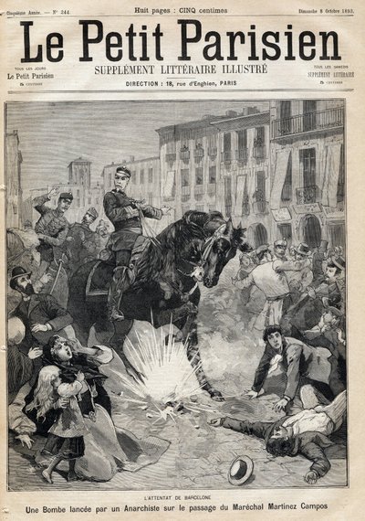 巴塞罗那爆炸案：一名无政府主义者在马雷切尔-阿森尼奥-马丁内斯-坎波斯-安东的通道上发射炸弹。 作者 法语学校
